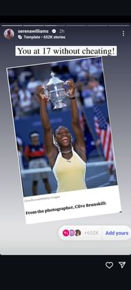 Williams' Instagram Story dated Sunday, February 23, 2025, featuring herself lifting the 1999 US Open women's singles trophy (Source: Instagram/Serena Williams)